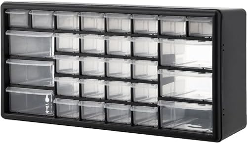 Global Industrial 30 Drawers Plastic Drawer Parts Cabinet, 20"W x 6-1/2"D x 10"H, Black