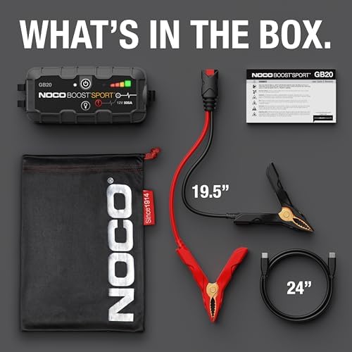 NOCO Boost GB20: 500A UltraSafe Jump Starter – 12V Lithium Battery Booster Pack, Portable Jump Box