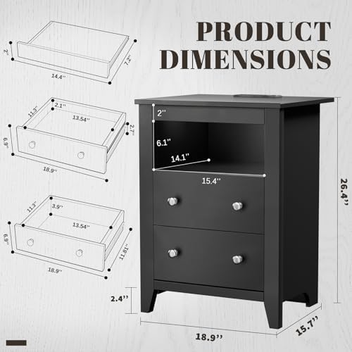Black Nightstand with Gun Drawer, Night Stand with Charging Station & LED Lights, Bedside Table with Tray & 2 Drawers, End Side Table with Hidden Compartment for Valuables Storage