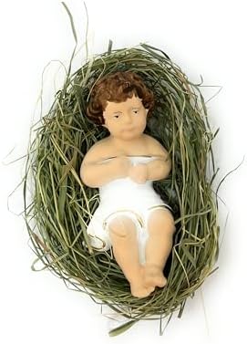 4 Inch Baby Jesus in Manger Figurine, Small Baby Jesus Manger Crib for Nativity Set on Natural Hay, Handcrafted Holy Gift Made in Poland