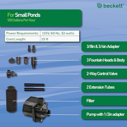 Beckett FR500 500 GPH 38.4 Watt Submersible Water Garden Pond Pump Set