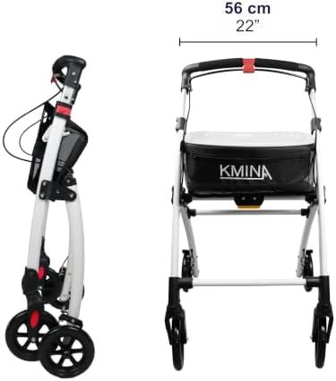KMINA Narrow Walker for Small Spaces, Foldable Walker with Tray and Basket, 4 Wheels and Brakes, Lightweight Indoor Rollator for Seniors, Black, PRO Model