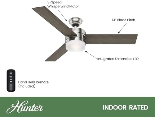 Hunter 54in Contemporary Ceiling Fan with Remote Control in Brushed Nickel (Renewed)