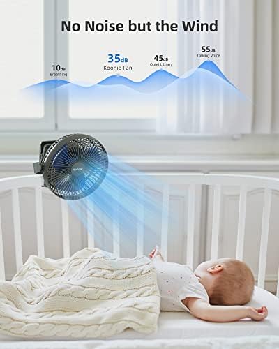 Koonie 8" Clip on Fan, 10000mAh Rechargeable Battery, Strong Airflow, Black