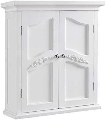 Teamson Home Versailles Wooden Floor Storage Cabinet and Wall Cabinet with Adjustable Shelves and Floral Scroll Doors, White