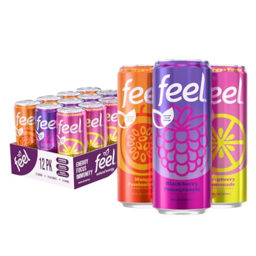 FEEL Variety Pack – Zero Sugar Sparkling Energy Drink – 3 Flavor Assortment, 140mg Plant-Based Caffeine from Green Coffee Beans + L-Theanine – Vitamin C, Vegan, Non-GMO – 12 Pack (12 Fl Oz Cans)