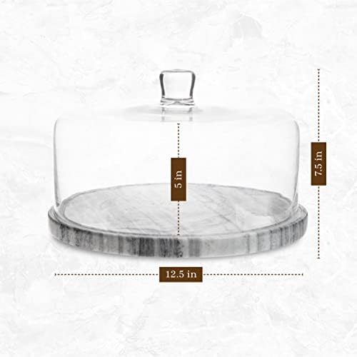 Marble Cake Stand with Glass Dome Cover | 12.5" Natural Marble Cake Plate, 12" 100% Handblown Glass Lid