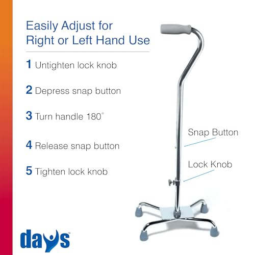 Days Quad Cane with Wide Base – Adjustable Walking Cane for Men & Women, Aluminum 4-Prong Walking Stick for Seniors with Slip-Resistant Rubber Tips, Lightweight & Self-Standing Mobility Aid