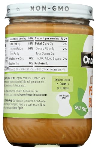 Once Again Organic Crunchy Peanut Butter No Sugar Added - Single Ingredient, Unsalted, Natural Peanut Butter No Palm Oil - Glass Jar, Non-GMO, Gluten Free - Chunky, Unsweetened - 1 Jar (16 oz)