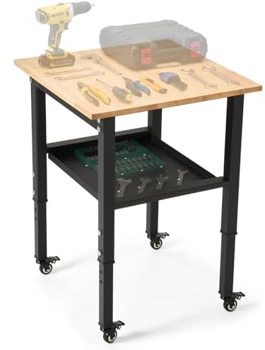 48" Adjustable Rubberwood Workbench with Foldable Extension Board & Power Outlet, Extra Large 48x32In 9-Level Height 27"-37", 2000 LBS Heavy Duty for Workshop Garage Office Home