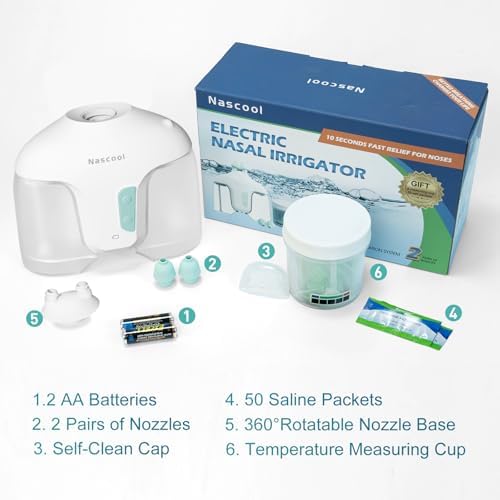 Nascool Electric Nasal Irrigation System with 50 Salt Packets Nose Cleaner | 2 Modes Sinus Rinse Machine with Self-Cleaning Cap, Rotatable Nozzle Base