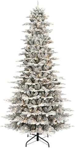Puleo International 7.5ft Pre-Lit Slim Flocked Aspen Fir Christmas Tree with 450 Clear Lights, 1016 Realistic Dense Snow Flocked Branch Tips, Easy Setup Artificial Trees with Sturdy Metal Stand