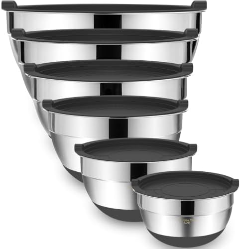 Umite Chef Mixing Bowls with Airtight Lids, 6 Piece Stainless Steel Metal Bowls, Measurement Marks & Colorful Non-Slip Bottoms Size 7, 3.5, 2.5, 2.0,1.5, 1QT, Great for Mixing & Serving