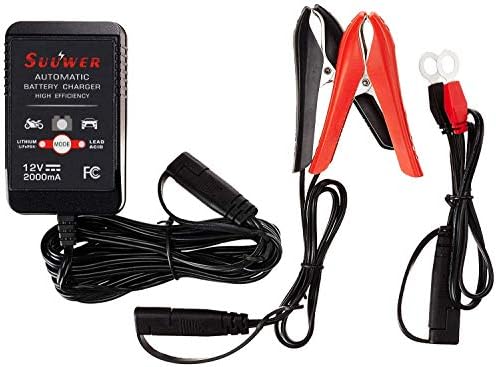 Suuwer Automatic Trickle Battery Charger, 12V 2000mA Battery Maintainer | for Car Motorcycle ATV Boat and More, With 12FT DC Cable