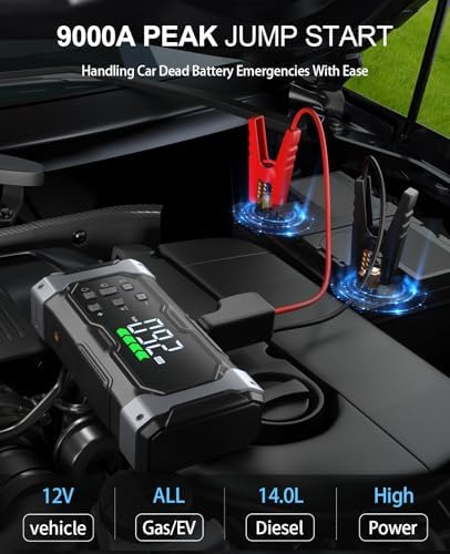 All-Around 9000A Jump Starter with 150PSI Air Compressor/Deflator, 12V Portable Car Booster (All Gas/14L Diesel), 9-in-1 Power Pack with Real-Time LCD