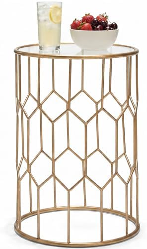 Click365 Harper Round Glass Accent Side Table, 16 Inch Modern End Table with Gold Metal Geometric Frame for Living Room, Bedroom or Small Spaces