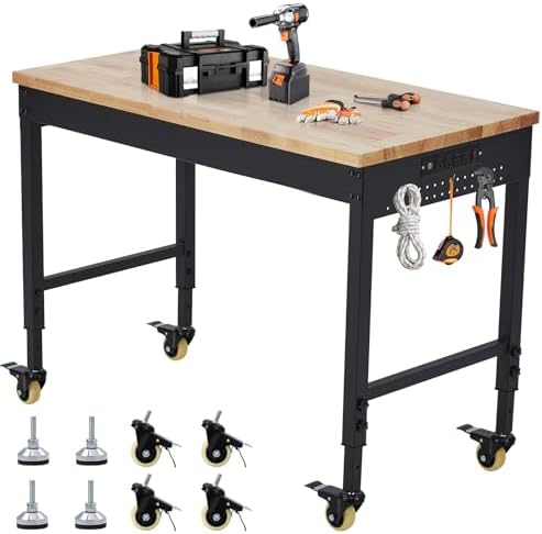 48’’x24’’ Adjustable Workbench,Workbench with Drawers,Darage Workbench with Pegboard,2000 LB Load Capacity,4 Rolling Casters, Power Outlets, Metal Frame,for Garage, Workshop, Home, Office