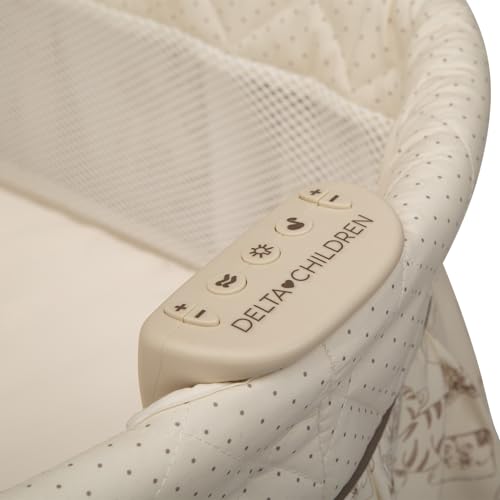 Delta Children Portable Rocking Bassinet for Newborns Bedside Sleeper Crib with Gentle Vibrations, Nightlight, Soothing Music, Adjustable Canopy