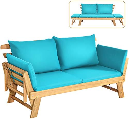 Tangkula Convertible Acacia Wood Patio Couch Sofa Bed with Adjustable Armrest, Outdoor Daybed with Cushion & Pillows
