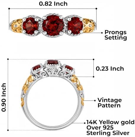 3 Stone Garnet Ring Silver with 14K Gold Plating January Birthstone Ring