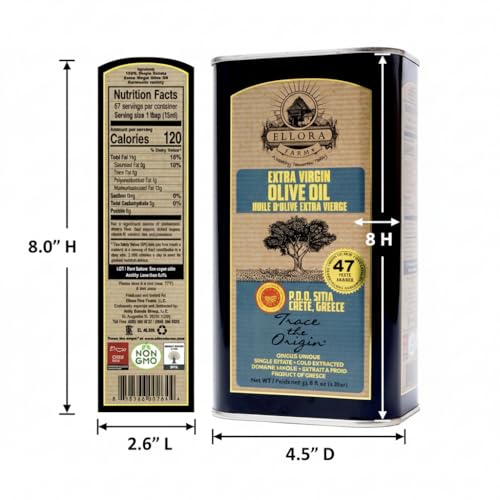 Ellora Farms Olive Oil Extra Virgin, Traceable & Certified PDO Polyphenol Rich Extra Virgin Olive Oil Cold Pressed, Global Gold Awards, Kosher, Single Origin from Crete, Greece 33.8 Fl oz, Pack of 2