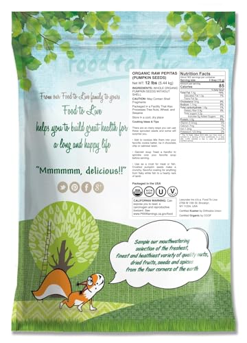 Food to Live Organic Raw Pepitas, 18 Pounds — Non-GMO, Pumpkin Seed Kernels, Unsalted, No Oil, No Shell, Vegan, Kosher, Bulk. Keto Snack.