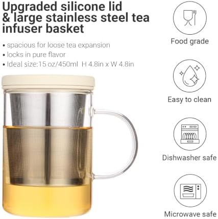 emoi 15 oz Glass Tea Cup with Infuser & Lid, Ideal for Loose Leaf Tea, Gray | Tea Mug with Extra Fine Mesh 304 Stainless Steel Steeper & Silicone Lid