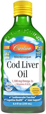 Carlson Cod Liver Oil, 1100 mg, Omega-3s, Lemon, 500 mL (16.9 Fl Oz) | plus Vitamins A and D3; Wild Caught Norwegian Arctic Cod Liver Oil; Sustainably Sourced Nordic Fish Oil Liquid