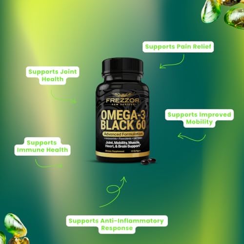 FREZZOR Omega 3 Black for Joint Care & Comfort - New Zealand Green Lipped Mussel Oil Capsules; 53x Higher Potency with UAF1000+ Super Antioxidant, No Fishy Aftertaste, 1-Pack, 60 Softgels