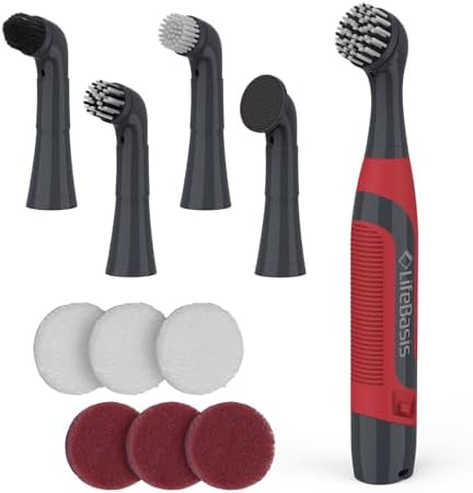 LifeBasis Cordless Electric Cleaning Brush | Power Scrubber with 5 Replacement Brush Heads for Bathroom Kitchen Grout Tile Crevice Corner (Batteries