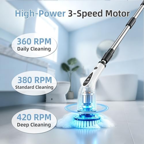Electric Spin Scrubber, 3-Speed Flat End Brush with 8 Brush Heads & Base, IPX7 Waterproof, Adjustable Long Handle, Digital Display, 2500mAh Fast Charging, for Bathroom, Tub, Tile, Floor