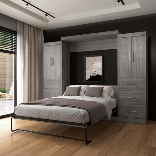 Bestar Nebula Queen Murphy Bed with 2 Wardrobes (115W) in White, Sleeping Arrangement and Closet Organizers for Multipurpose Room | 2 Wardrobes; supports up to 1000 lb; min. ceiling height 91.1 in.; dual piston mechanism; 10-year warranty