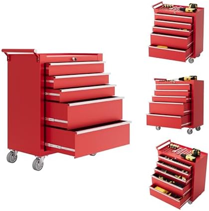 Rolling Tool Chest with Wheels, 5 Drawer Tool Storage Cabinet, Portable Toolbox Organizer with Lock, Heavy Duty Tool Chest Cart for Garage, Mechanic, Workshop, Shop, Mobile Tool Organizer, Black