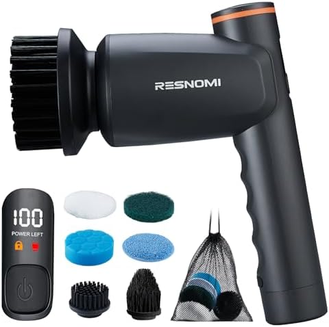Electric Spin Scrubber, Cordless Shower Scrubber with LCD Display, Upgraded Motor 400/550RPM, 2 Speeds Electric Scrubber with 6 Replaceable Heads