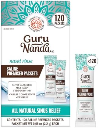 GuruNanda PreMixed Saline Packets for Nasal Rinse (120 Count), All Natural Sinus Rinse Packets to Help with Allergies & Congestion Relief, 0.08oz Each