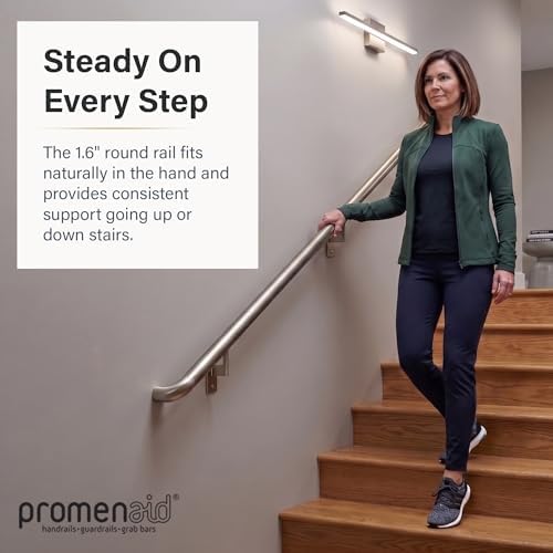 Promenaid Silver 5ft ADA Handrail Kit - Complete Indoor/Outdoor Stair Handrail - 1.6" Round Satin-Anodized Aluminum Railing with 3 Silver Painted