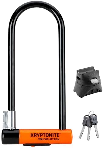 Kryptonite Evolution Long Shackle Bike U-Lock, 14mm Steel Bicycle Lock | Heavy duty anti-theft security for bikes and scooters. 4in x 11.5in interior. Includes FlexFrame-U mounting bracket and keys.