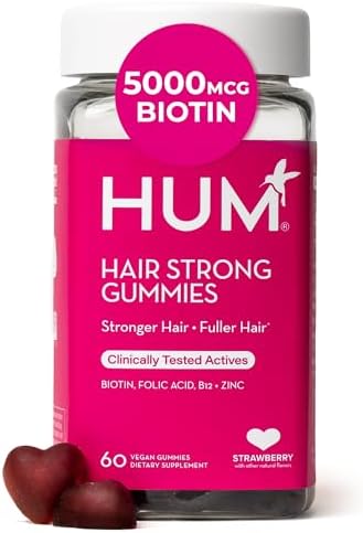 HUM Hair Strong Strawberry Gummies, Hair Growth Support, 60 Count | Folic Acid, Fo-Ti Root Extract, Biotin, Zinc & B12, Vegan Strawberry Gummies, Women & Men