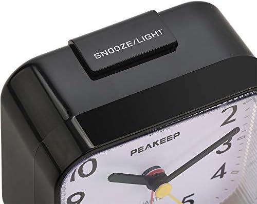 Peakeep Small Battery Operated Analog Travel Alarm Clock Silent | No Ticking, Lighted on Demand and Snooze, Beep Sounds, Gentle Wake, Ascending Alarm, Easy Set (Black)
