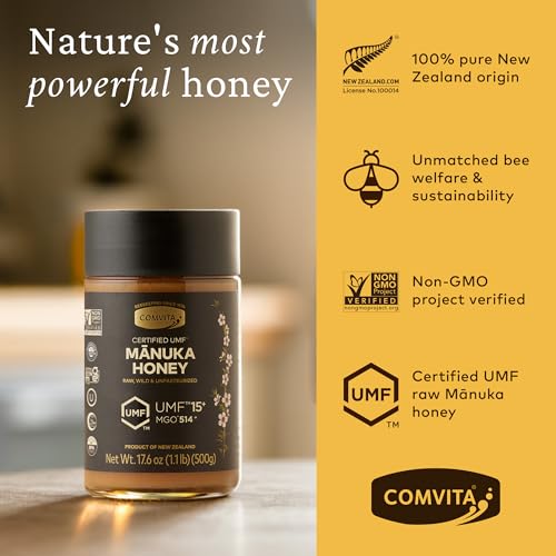 Comvita Manuka Honey UMF 15+ (MGO 514+) Raw, Monofloral - 250g (8.8 Oz) | Raw Manuka Honey New Zealand, Pure Unpasteurized Honey, Superfood for Immune Health, Wild, Use in Tea, Non-GMO