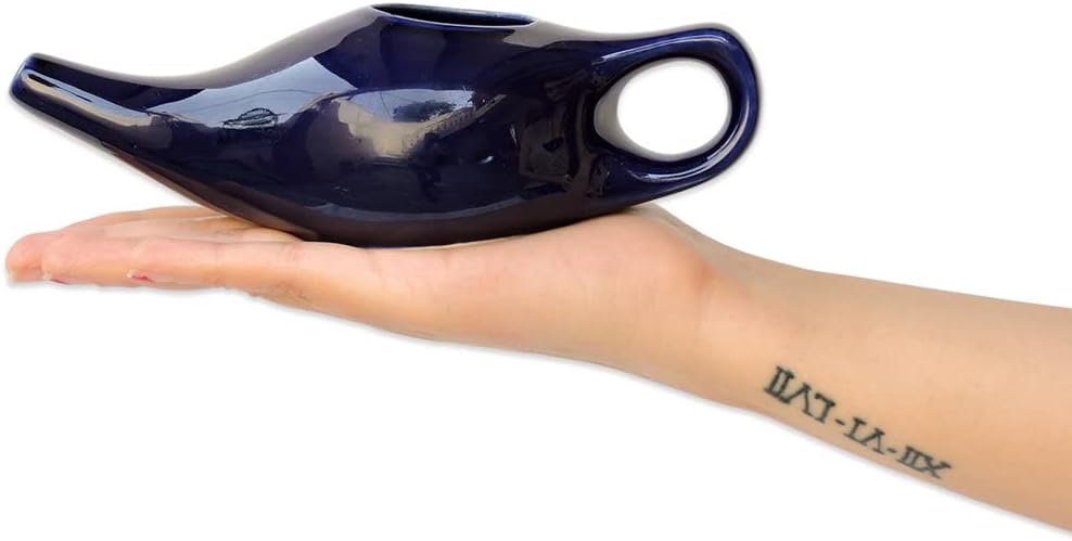 HealthGoodsIn Ceramic Neti Pot, Dishwasher Safe, Premium Handcrafted with 2 Silicone Nozzle and Salt for Sinus - 225 Ml. Capacity (Brown)