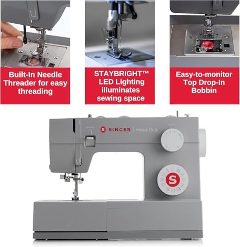 SINGER® Heavy Duty 4452 (Grey) High Speed Sewing Machine + Accessories | 32 Built-In Stitches Deliver 110 Stitch Applications | 50% More Power for Thick Fabrics, 1100 Stitches/Min, 1-Step Buttonhole | Accessories, 32 Built-In Stitches Deliver 110 Stitch…