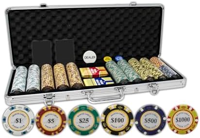 DA VINCI Monte Carlo Poker Club Set of 500 14 Gram 3 Tone Chips with Upgraded Aluminum Case, 2 Decks of Plastic Playing Cards, 2 Cut Cards