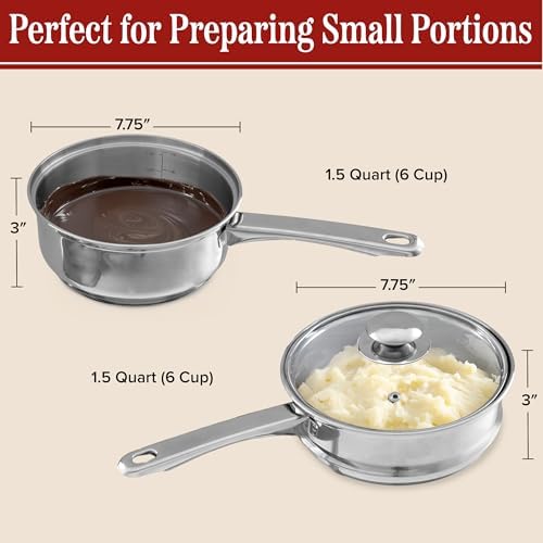 6 Cup Double Boiler Pot Set – 1.5 Quart Stainless-Steel Saucepan 2-in-1 with Vented Glass Lid – Kitchen Cookware with Measurements by Classic