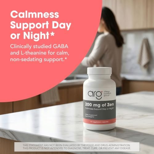 Allergy Research Group ARG 200 mg of Zen - Supports Calm and Stress Balance - Delivers 200 mg L-Theanine & 550 mg GABA per Serving - Vegetarian & Hypoallergenic - 60 Servings - 120 Capsules