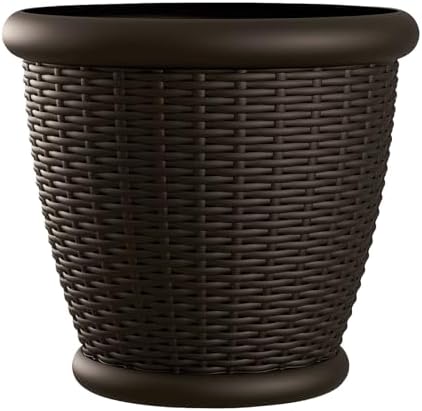 Suncast Wicker Planter w/ Drillable Drain Holes, Decorative Indoor/Outdoor Pot, 18in, Java
