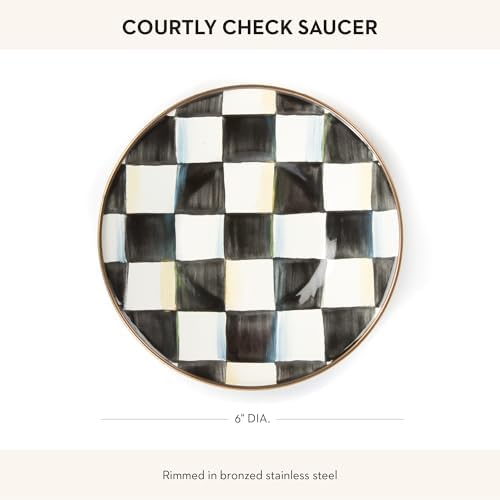 MACKENZIE-CHILDS Enamel Saucer, Black-and-White Courtly Check | Hand-painted design, made from enameled steel, small plate for a coffee cup or teacup, 6" dia.
