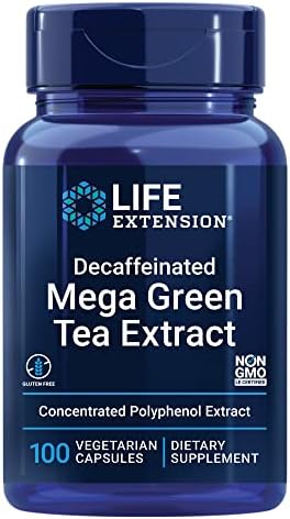 Life Extension Decaffeinated Mega Green Tea Extract – Polyphenol-Rich, Cell Health, Heart Health, Brain Health, Antioxidant Protection – Non-GMO, Gluten-Free, Vegetarian – 100 Capsules | Camellia Sinensis Extract with Concentrated EGCG Polyphenols, Glute…