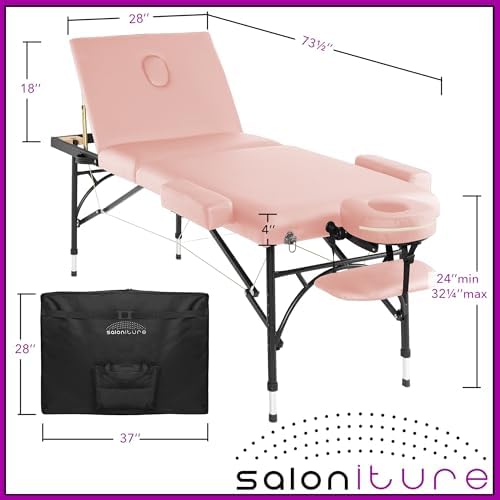 Saloniture Professional Portable Lightweight Tri-Fold Massage Table with Aluminum Legs - Includes Headrest, Face Cradle