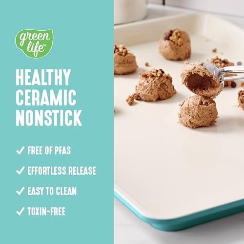 GreenLife 13" x 9" Quarter Sheet Baking Pans, 2 Piece Bakeware Set, PFAS-Free Ceramic Nonstick Rectangular Cookie Trays, Oven Safe to 450°F